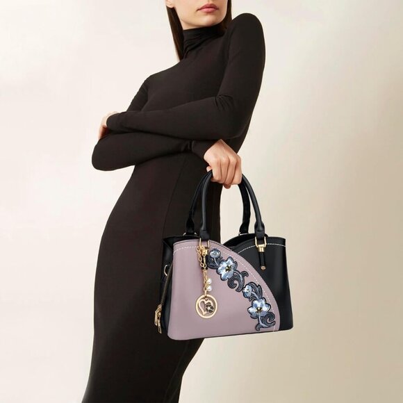 Women’s black Purple Triple Compartment Satchel Fashion Top Handle Shoulder Bag - Picture 2 of 7